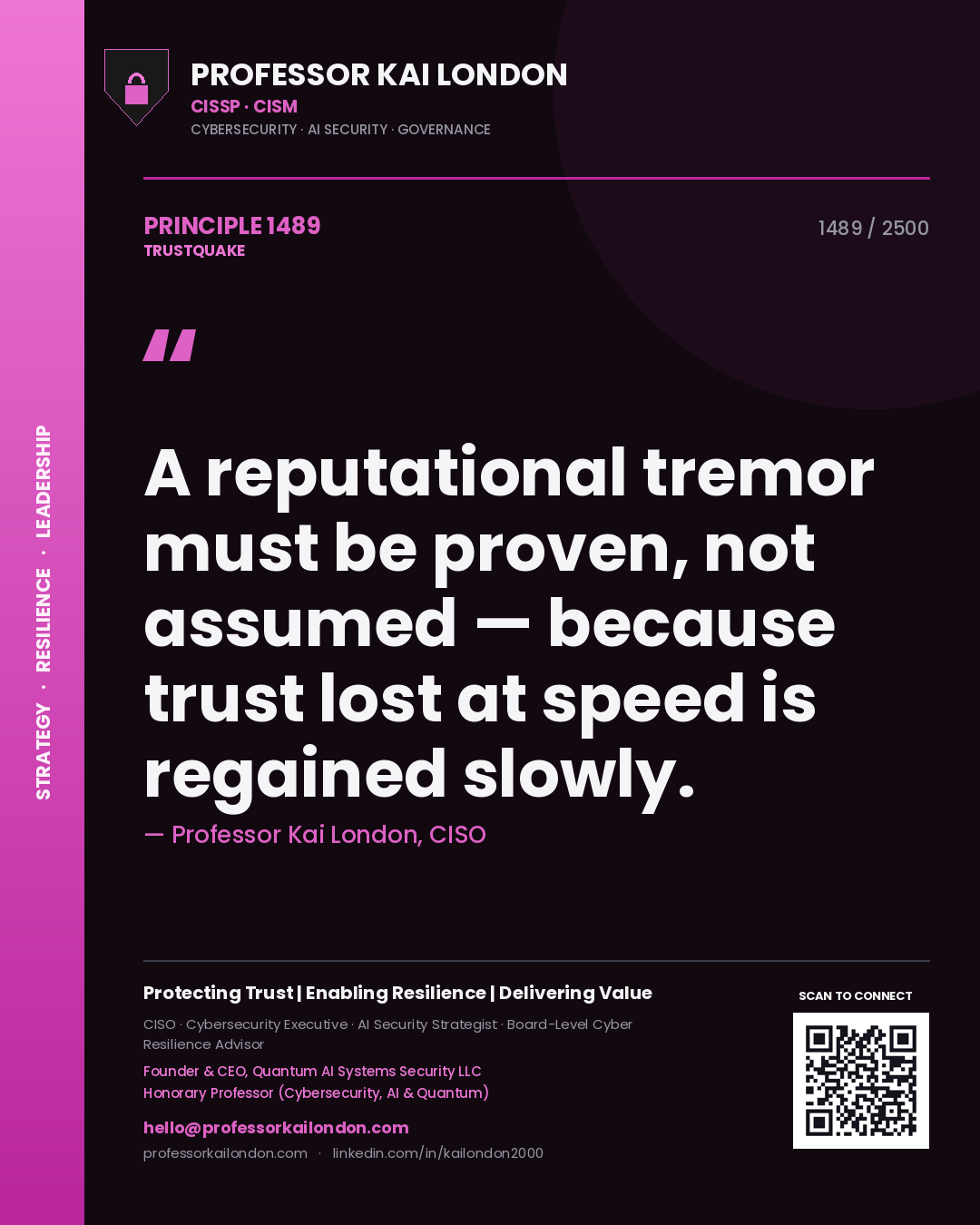 Quote card by Professor Kai London reading 'A reputational tremor must be proven, not assumed — because trust lost at speed is regained slowly.'. From the book Trustquake.