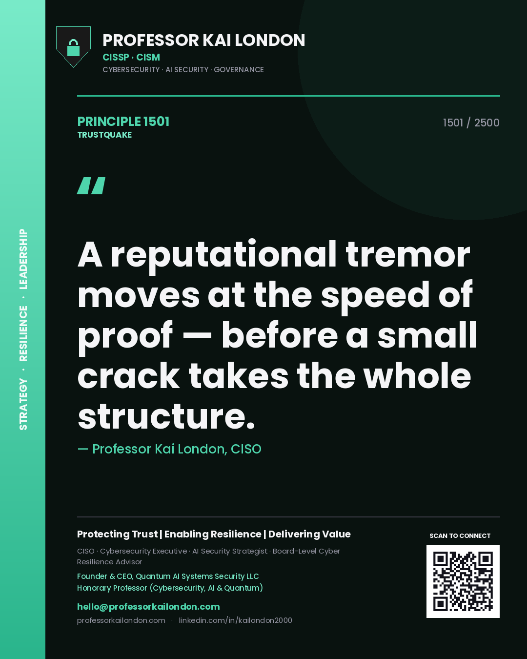 Quote card by Professor Kai London reading 'A reputational tremor moves at the speed of proof — before a small crack takes the whole structure.'. From the book Trustquake.