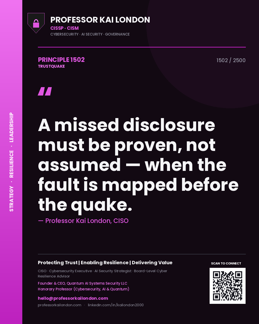 Quote card by Professor Kai London reading 'A missed disclosure must be proven, not assumed — when the fault is mapped before the quake.'. From the book Trustquake.
