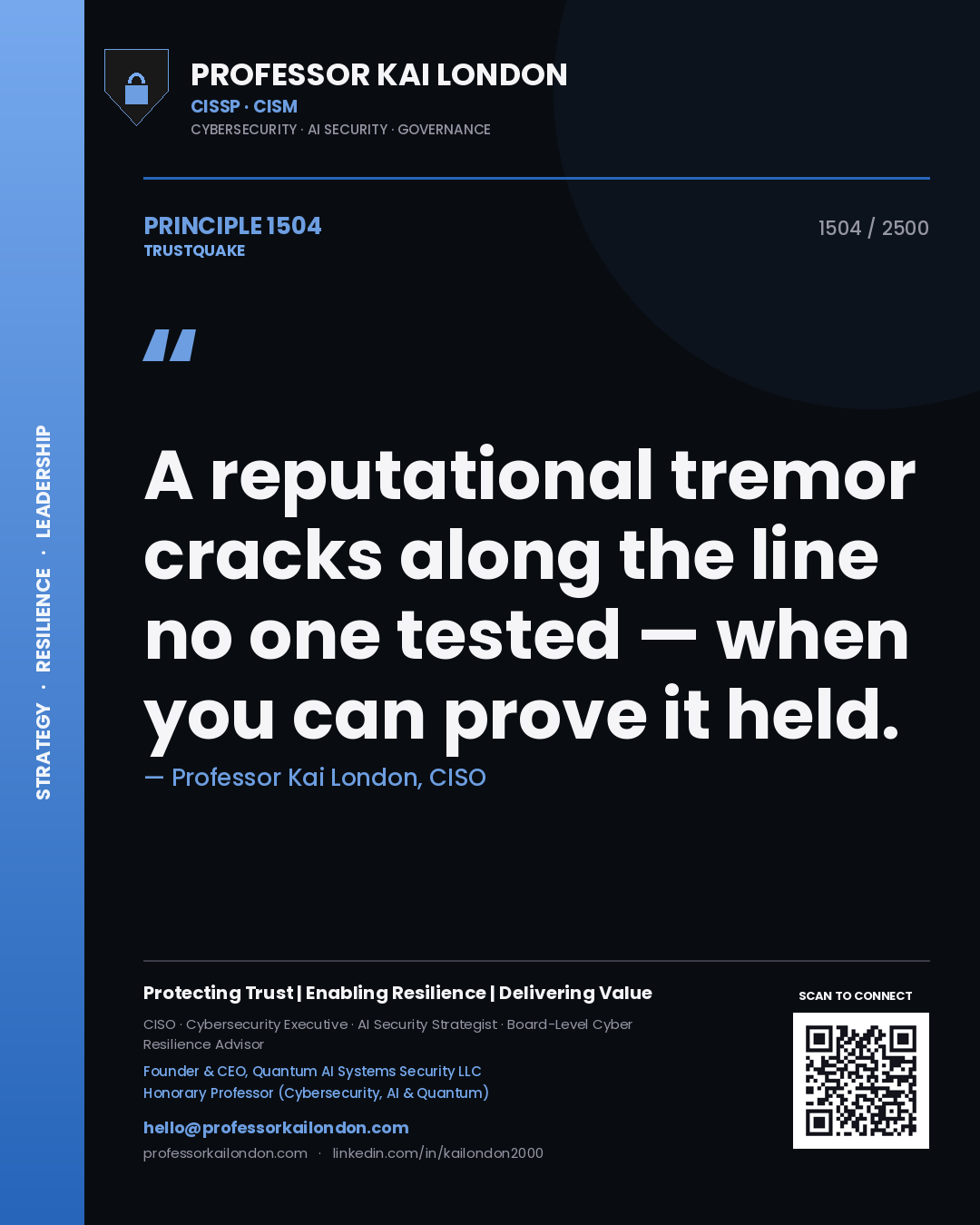 Quote card by Professor Kai London reading 'A reputational tremor cracks along the line no one tested — when you can prove it held.'. From the book Trustquake.