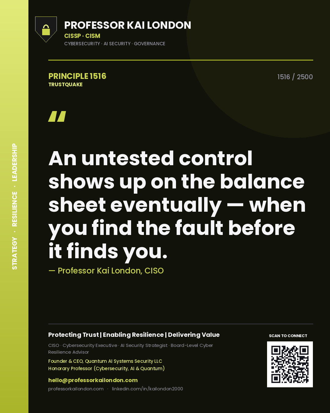 Quote card by Professor Kai London reading 'An untested control shows up on the balance sheet eventually — when you find the fault before it finds you.'. From the book Trustquake.