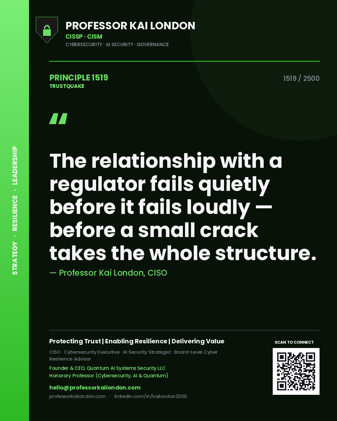 Quote card by Professor Kai London reading 'The relationship with a regulator fails quietly before it fails loudly — before a small crack takes the whole structure.'. From the book Trustquake.