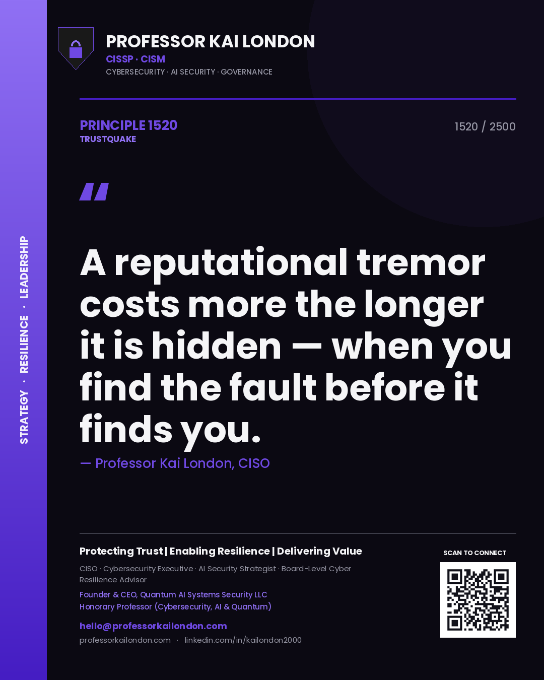 Quote card by Professor Kai London reading 'A reputational tremor costs more the longer it is hidden — when you find the fault before it finds you.'. From the book Trustquake.