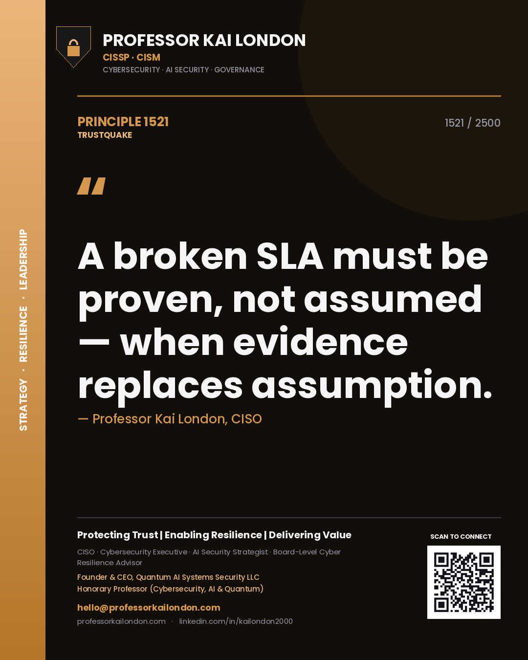 Quote card by Professor Kai London reading 'A broken SLA must be proven, not assumed — when evidence replaces assumption.'. From the book Trustquake.