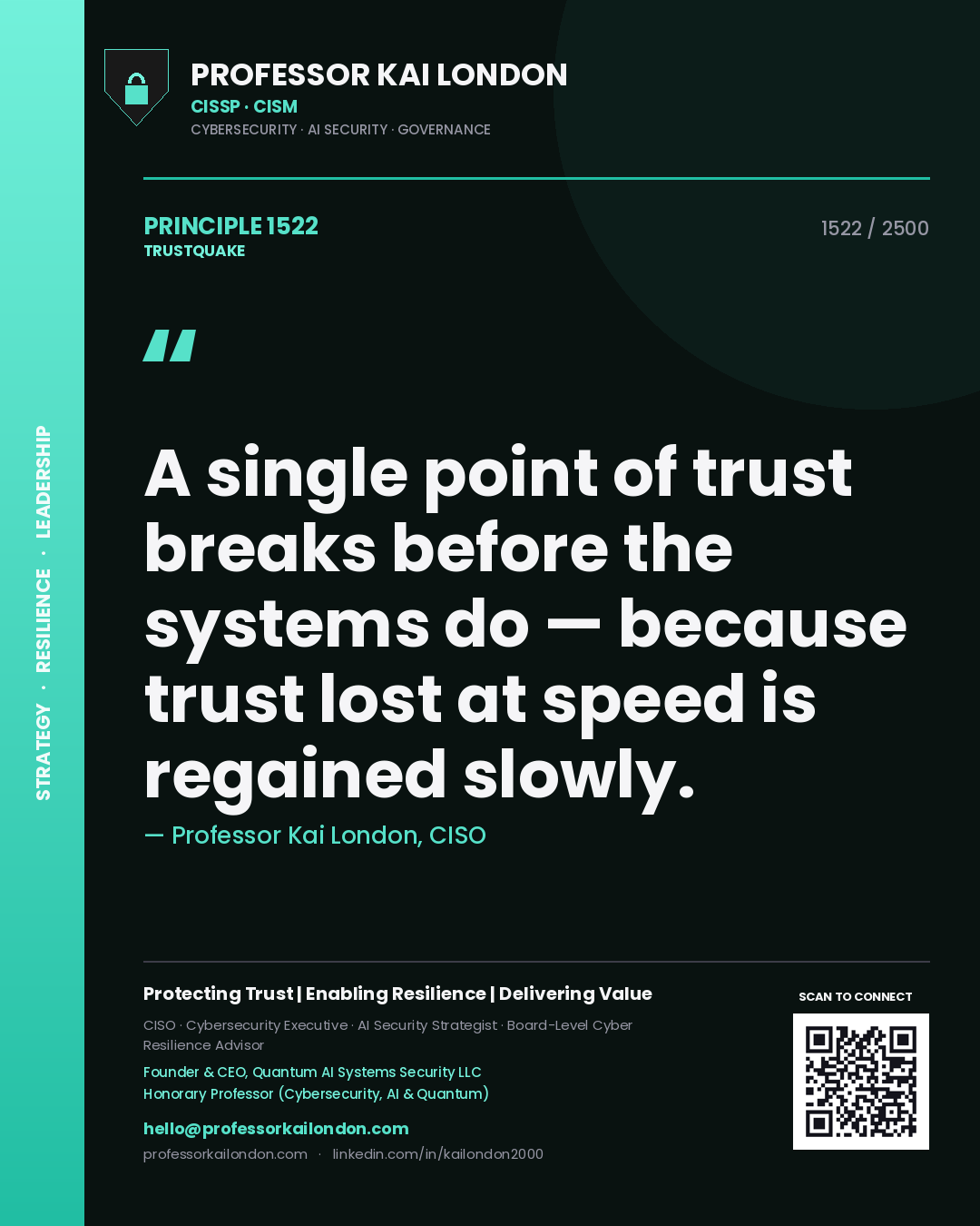 Quote card by Professor Kai London reading 'A single point of trust breaks before the systems do — because trust lost at speed is regained slowly.'. From the book Trustquake.