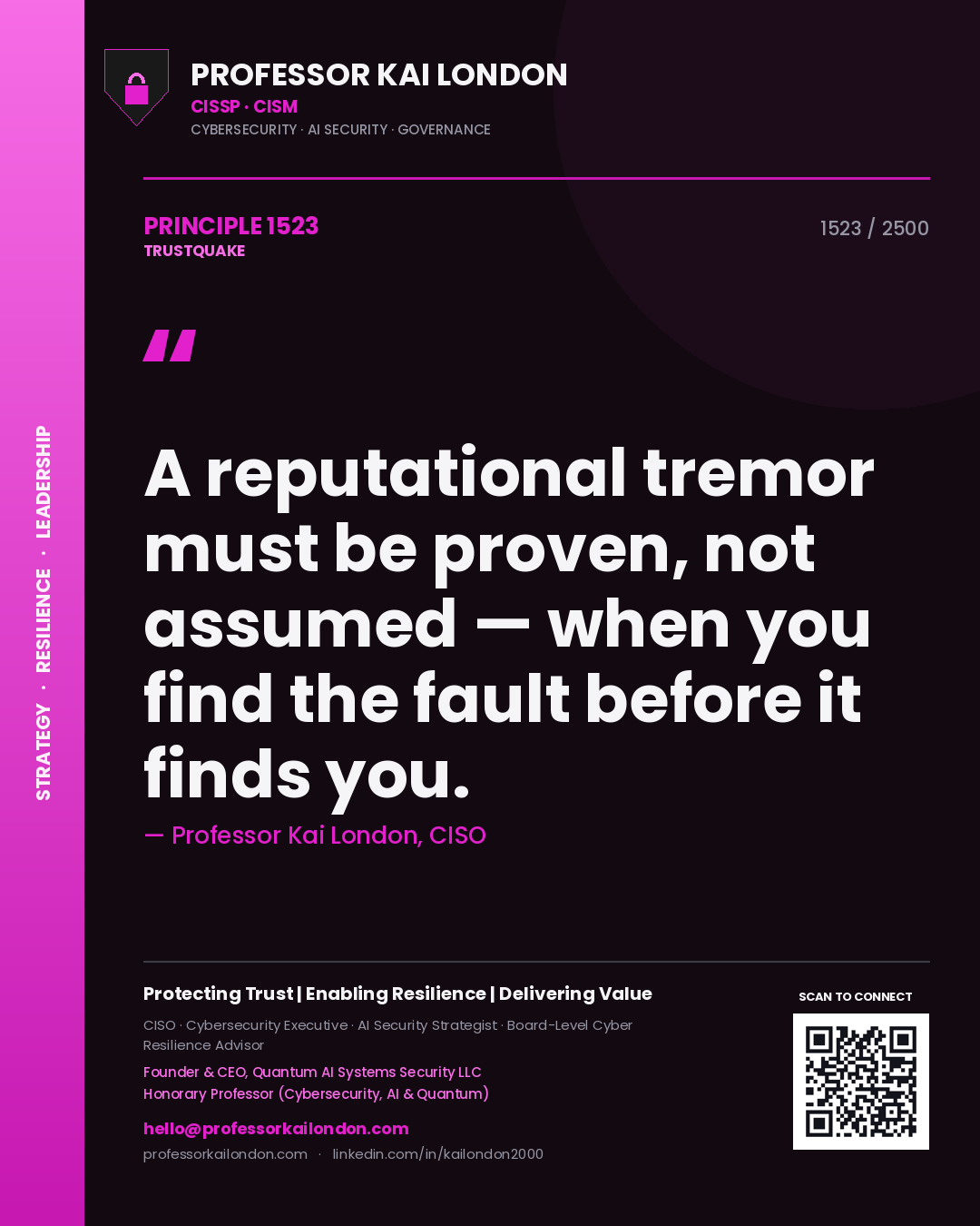 Quote card by Professor Kai London reading 'A reputational tremor must be proven, not assumed — when you find the fault before it finds you.'. From the book Trustquake.