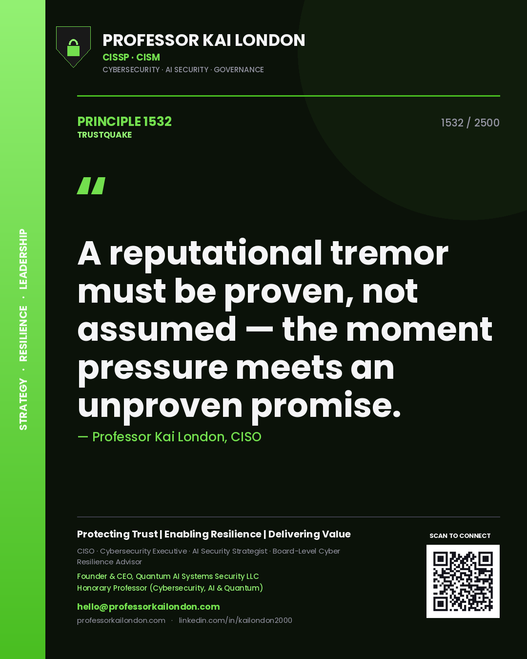 Quote card by Professor Kai London reading 'A reputational tremor must be proven, not assumed — the moment pressure meets an unproven promise.'. From the book Trustquake.