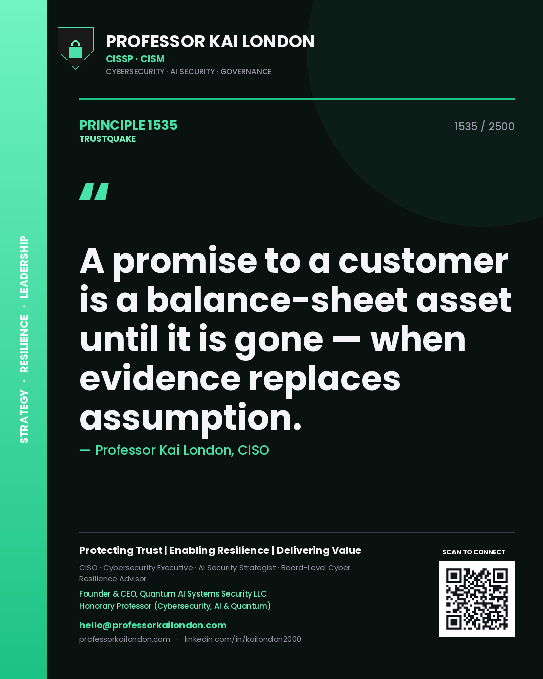 Quote card by Professor Kai London reading 'A promise to a customer is a balance-sheet asset until it is gone — when evidence replaces assumption.'. From the book Trustquake.