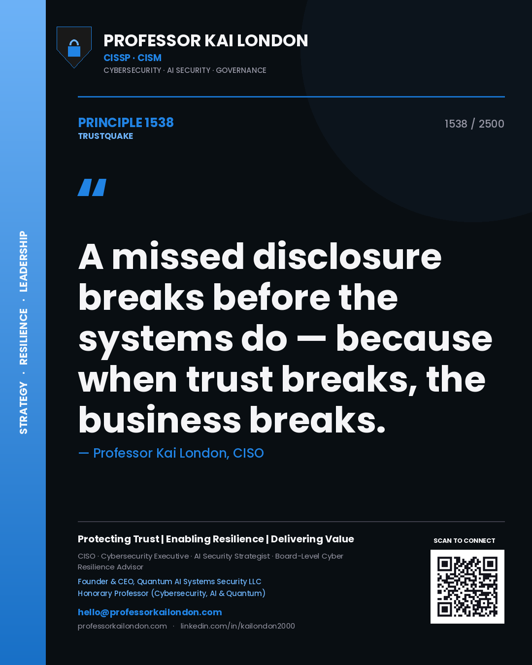 Quote card by Professor Kai London reading 'A missed disclosure breaks before the systems do — because when trust breaks, the business breaks.'. From the book Trustquake.