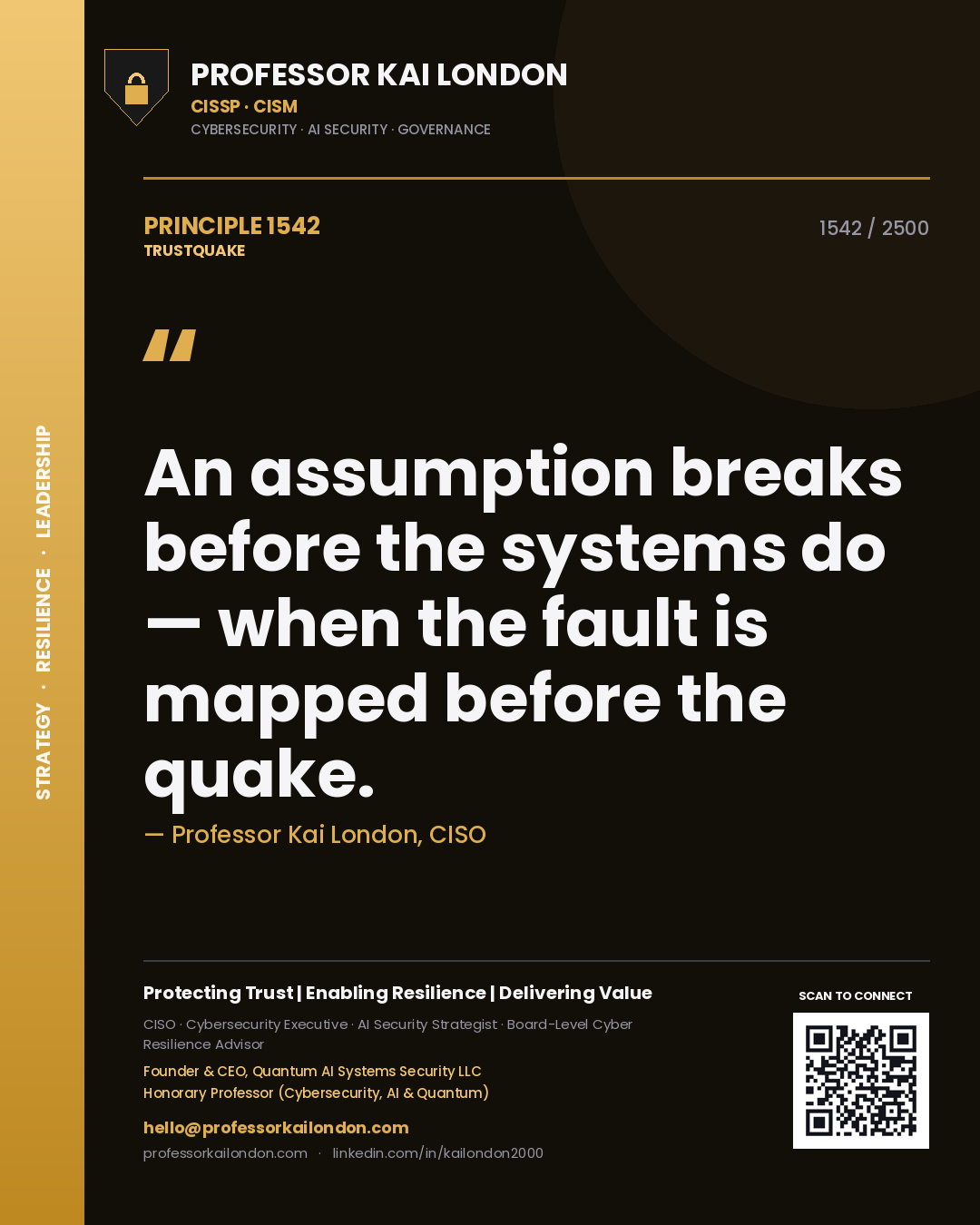 Quote card by Professor Kai London reading 'An assumption breaks before the systems do — when the fault is mapped before the quake.'. From the book Trustquake.