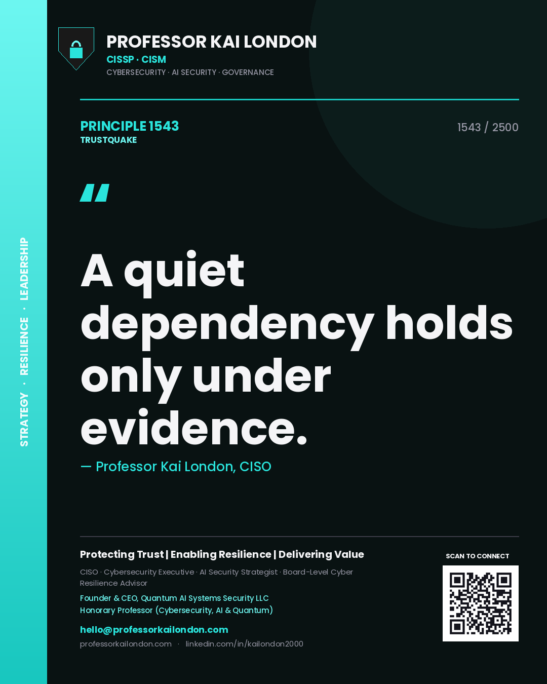 Quote card by Professor Kai London reading 'A quiet dependency holds only under evidence.'. From the book Trustquake.