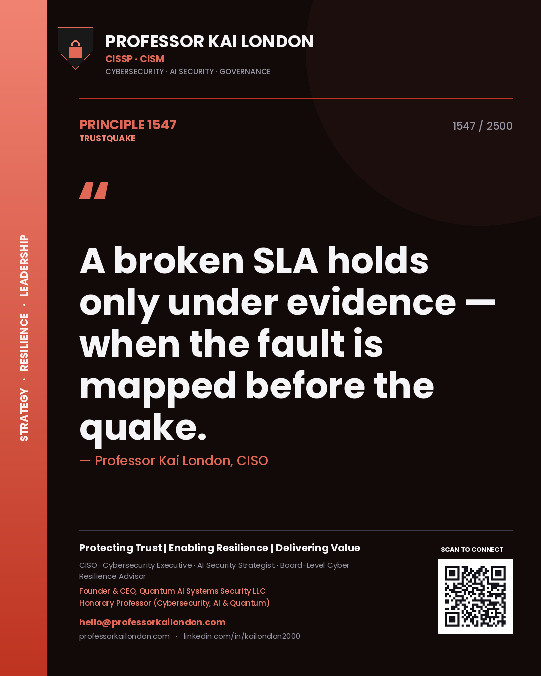 Quote card by Professor Kai London reading 'A broken SLA holds only under evidence — when the fault is mapped before the quake.'. From the book Trustquake.