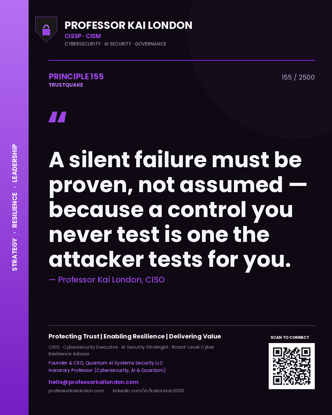 Professor Kai London principle 155: A silent failure must be proven, not assumed — because a control you never test is one the attacker tests for you.