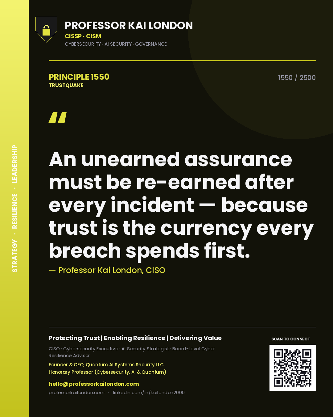 Quote card by Professor Kai London reading 'An unearned assurance must be re-earned after every incident — because trust is the currency every breach spends first.'. From the book Trustquake.