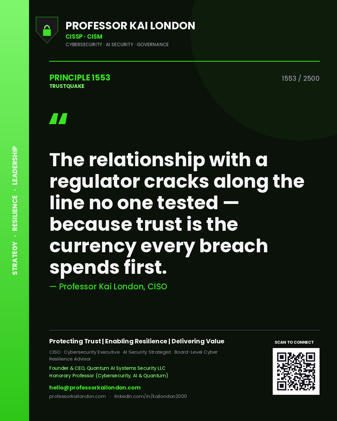 Quote card by Professor Kai London reading 'The relationship with a regulator cracks along the line no one tested — because trust is the currency every breach spends first.'. From the book Trustquake.