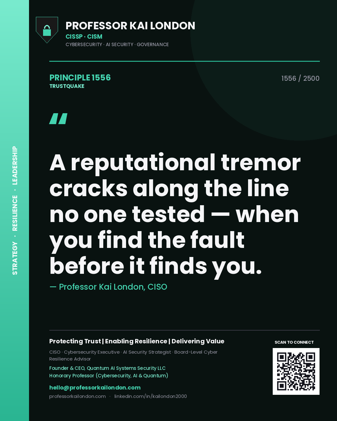 Quote card by Professor Kai London reading 'A reputational tremor cracks along the line no one tested — when you find the fault before it finds you.'. From the book Trustquake.