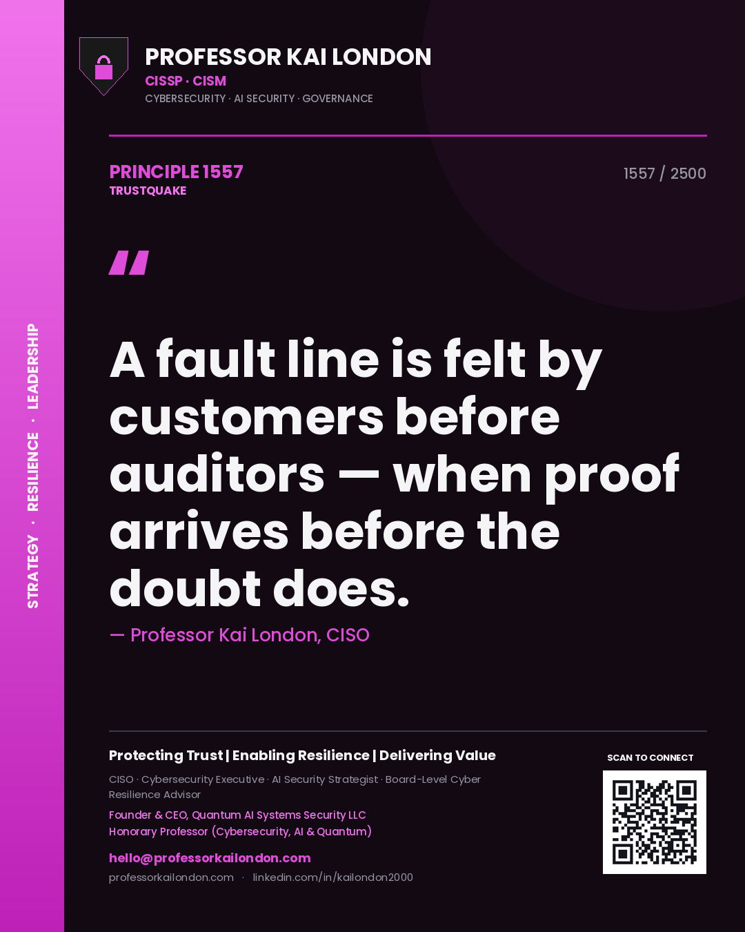 Quote card by Professor Kai London reading 'A fault line is felt by customers before auditors — when proof arrives before the doubt does.'. From the book Trustquake.