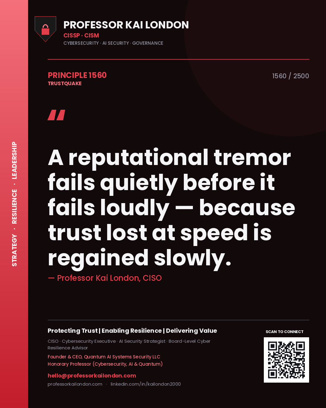Quote card by Professor Kai London reading 'A reputational tremor fails quietly before it fails loudly — because trust lost at speed is regained slowly.'. From the book Trustquake.