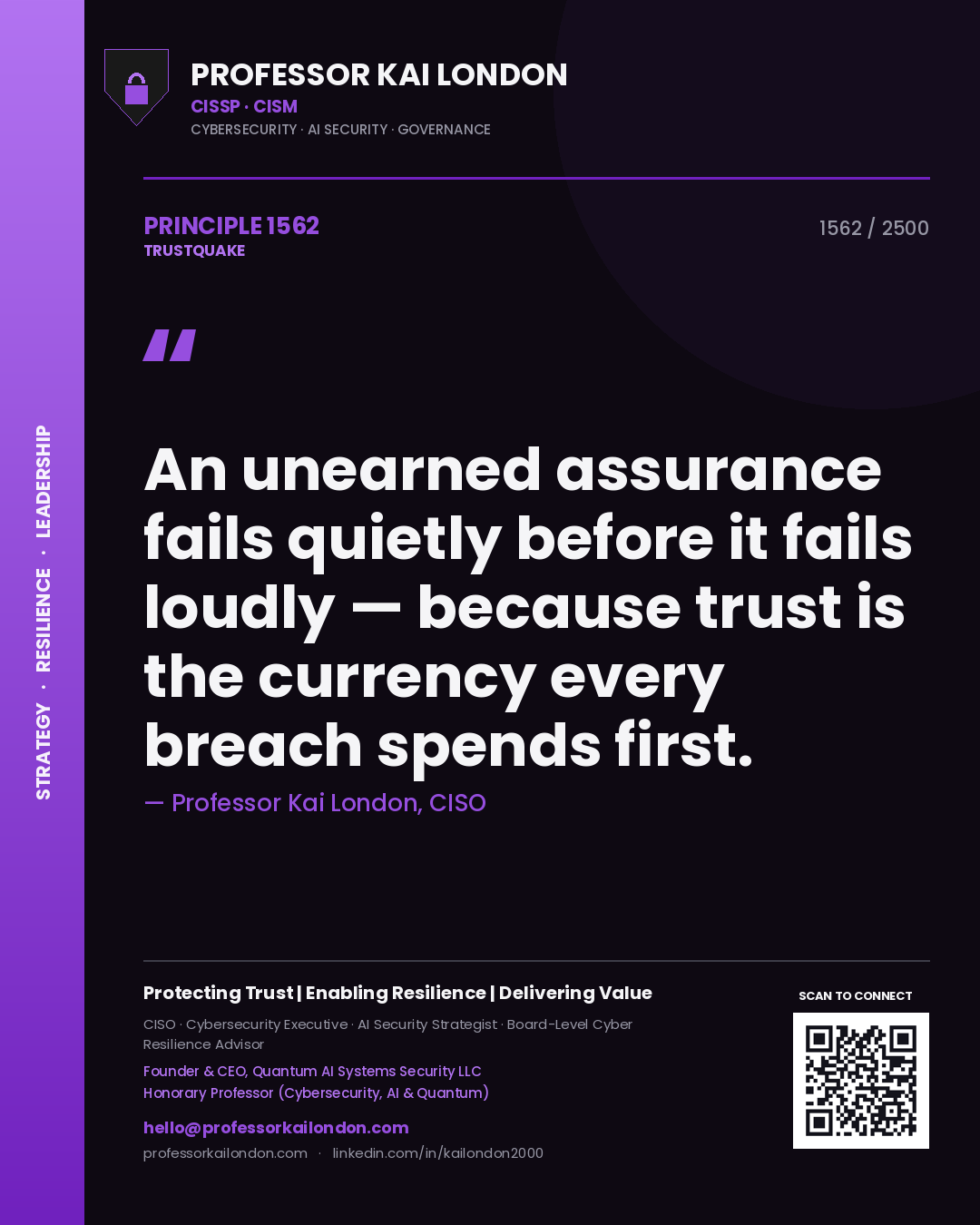 Quote card by Professor Kai London reading 'An unearned assurance fails quietly before it fails loudly — because trust is the currency every breach spends first.'. From the book Trustquake.