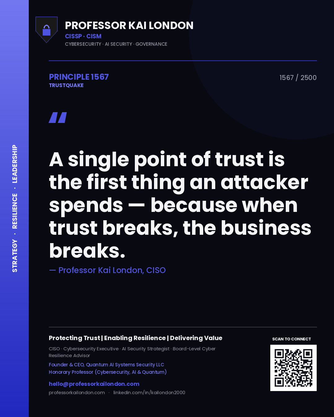 Quote card by Professor Kai London reading 'A single point of trust is the first thing an attacker spends — because when trust breaks, the business breaks.'. From the book Trustquake.