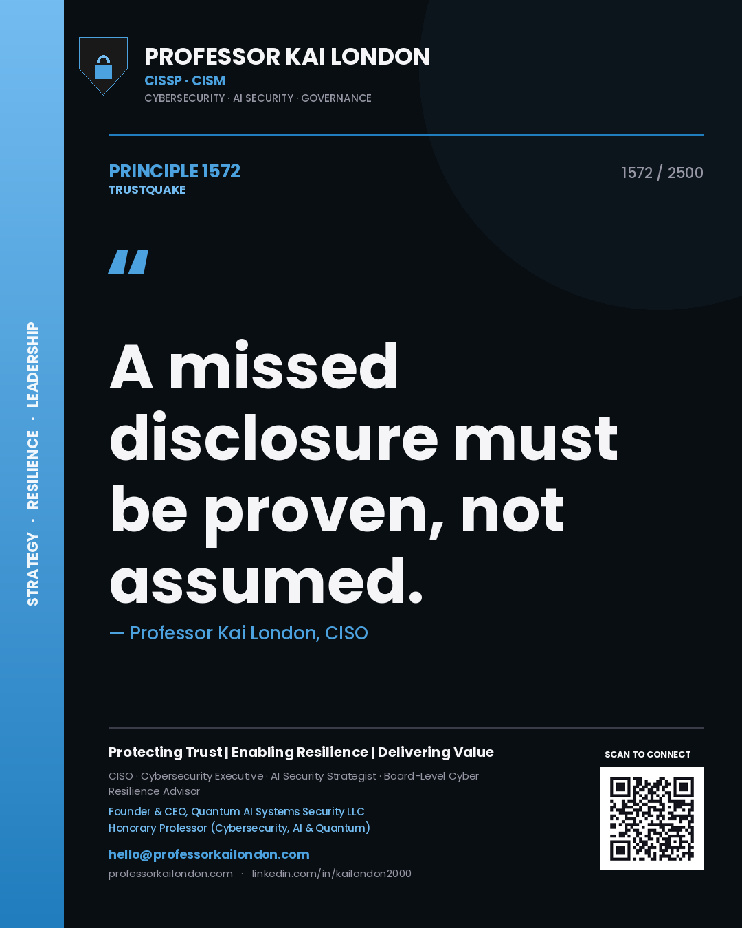 Quote card by Professor Kai London reading 'A missed disclosure must be proven, not assumed.'. From the book Trustquake.