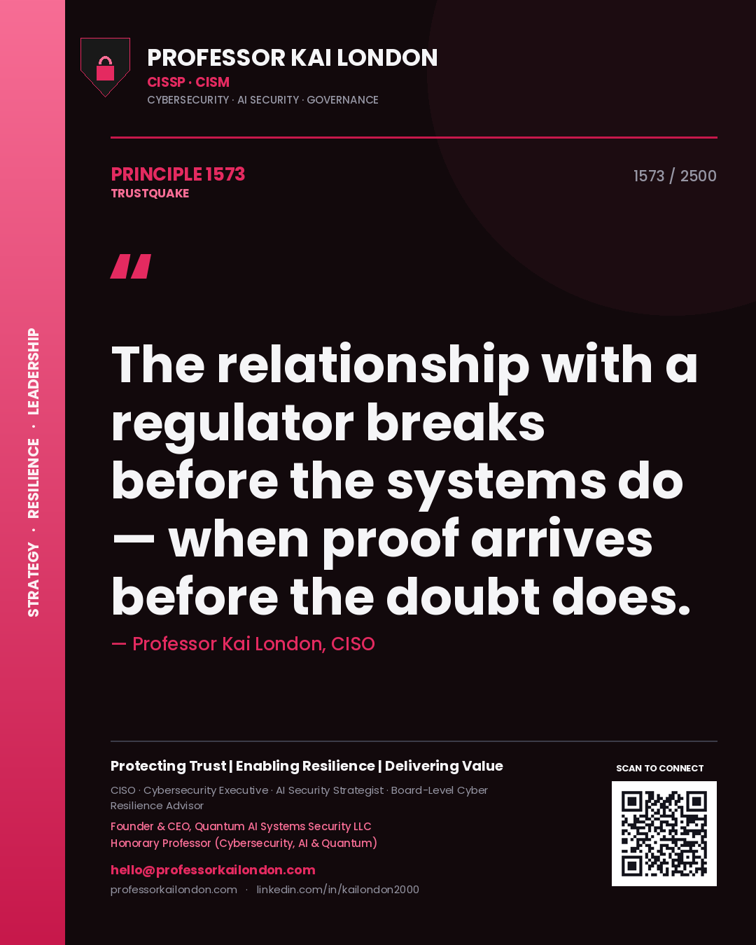 Quote card by Professor Kai London reading 'The relationship with a regulator breaks before the systems do — when proof arrives before the doubt does.'. From the book Trustquake.