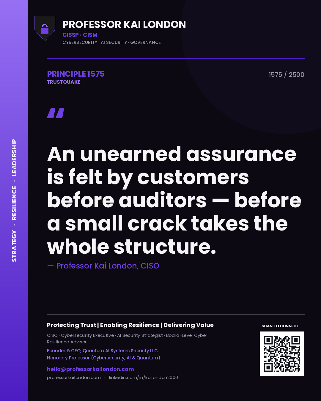 Quote card by Professor Kai London reading 'An unearned assurance is felt by customers before auditors — before a small crack takes the whole structure.'. From the book Trustquake.