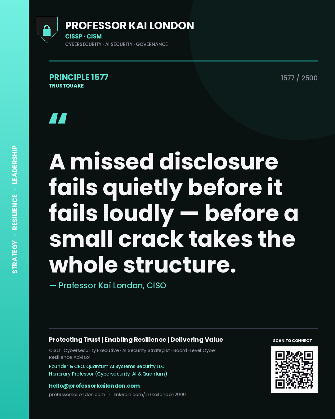 Quote card by Professor Kai London reading 'A missed disclosure fails quietly before it fails loudly — before a small crack takes the whole structure.'. From the book Trustquake.