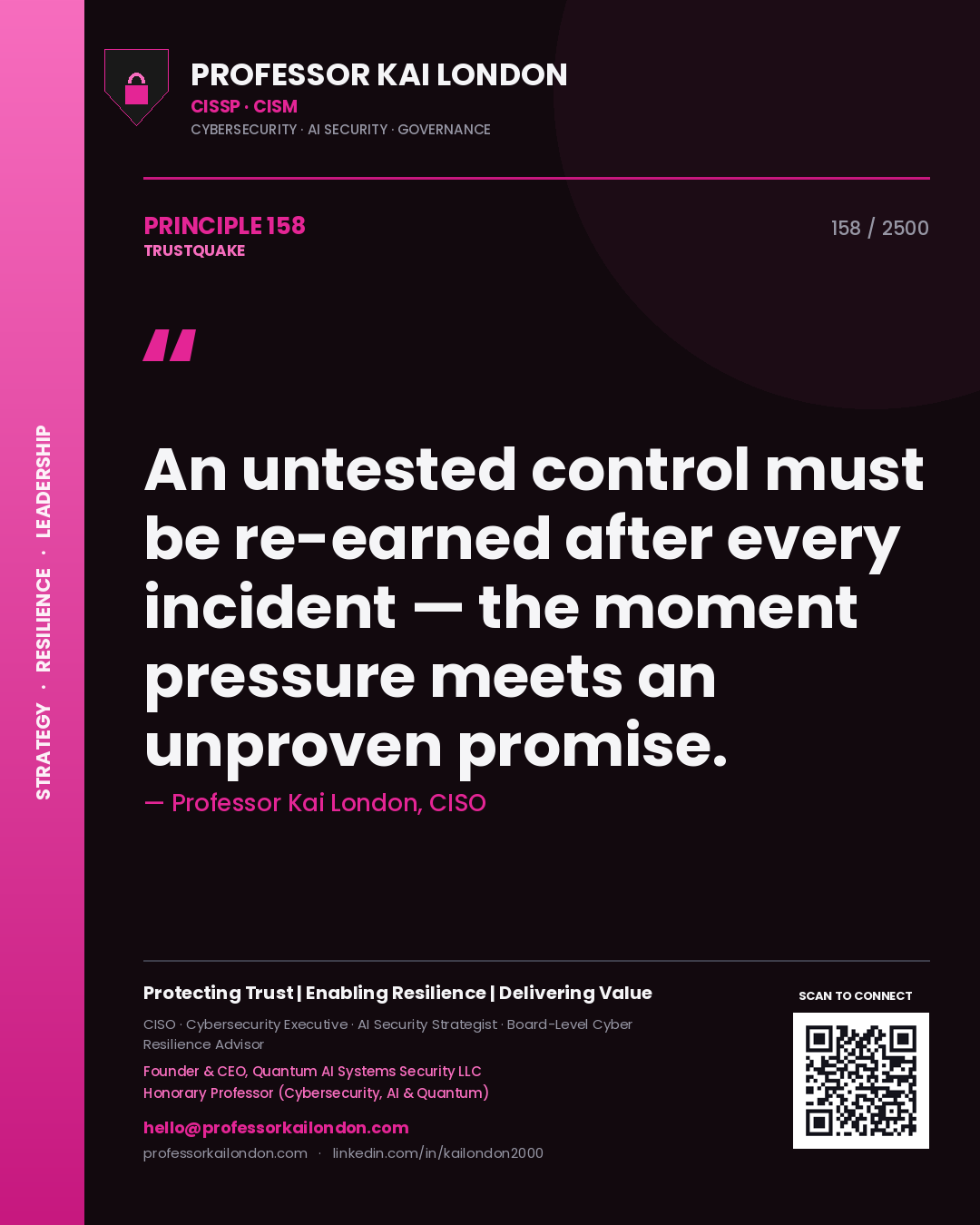 Quote card by Professor Kai London reading 'An untested control must be re-earned after every incident — the moment pressure meets an unproven promise.'. From the book Trustquake.