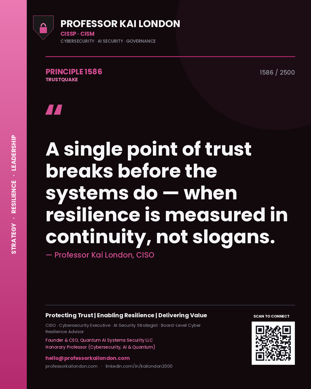 Quote card by Professor Kai London reading 'A single point of trust breaks before the systems do — when resilience is measured in continuity, not slogans.'. From the book Trustquake.