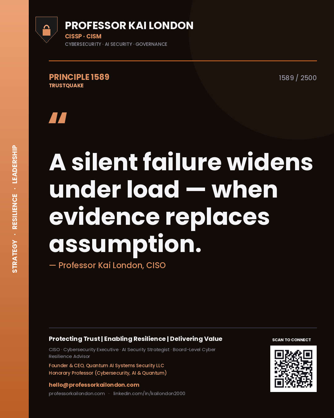 Quote card by Professor Kai London reading 'A silent failure widens under load — when evidence replaces assumption.'. From the book Trustquake.