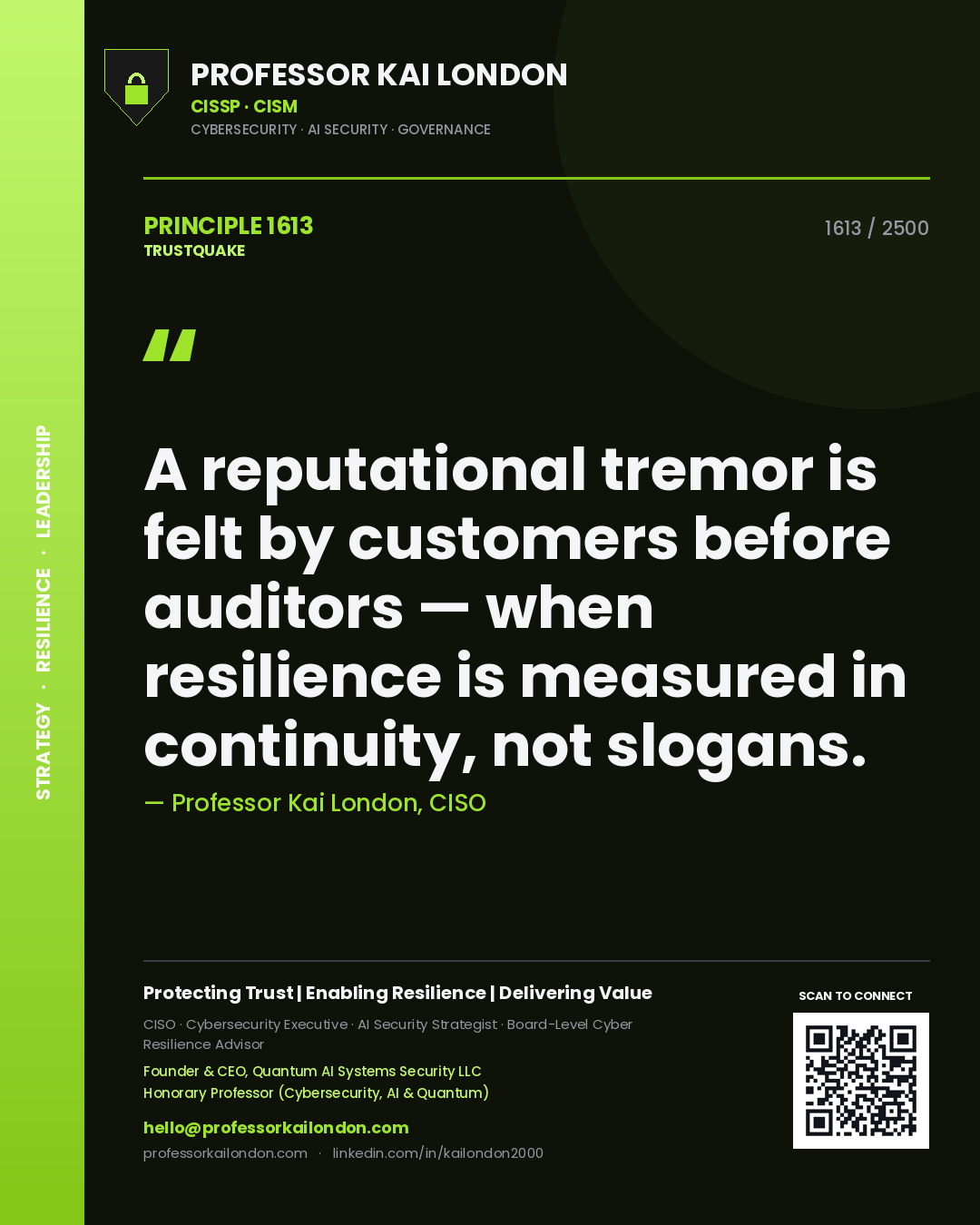 Quote card by Professor Kai London reading 'A reputational tremor is felt by customers before auditors — when resilience is measured in continuity, not slogans.'. From the book Trustquake.
