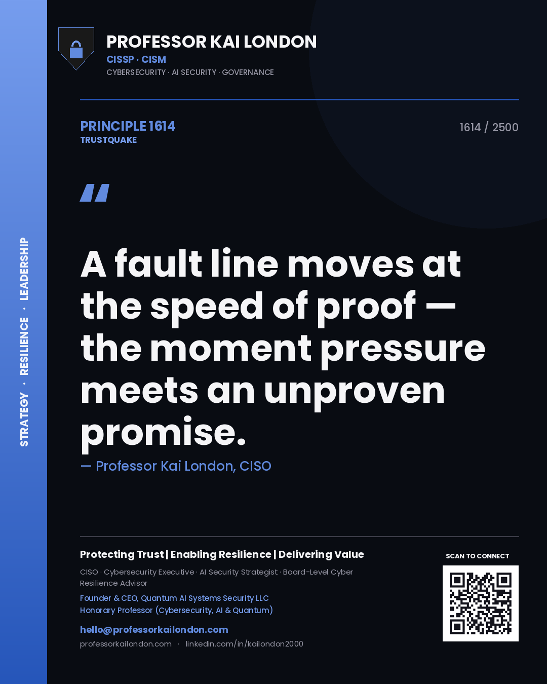 Quote card by Professor Kai London reading 'A fault line moves at the speed of proof — the moment pressure meets an unproven promise.'. From the book Trustquake.