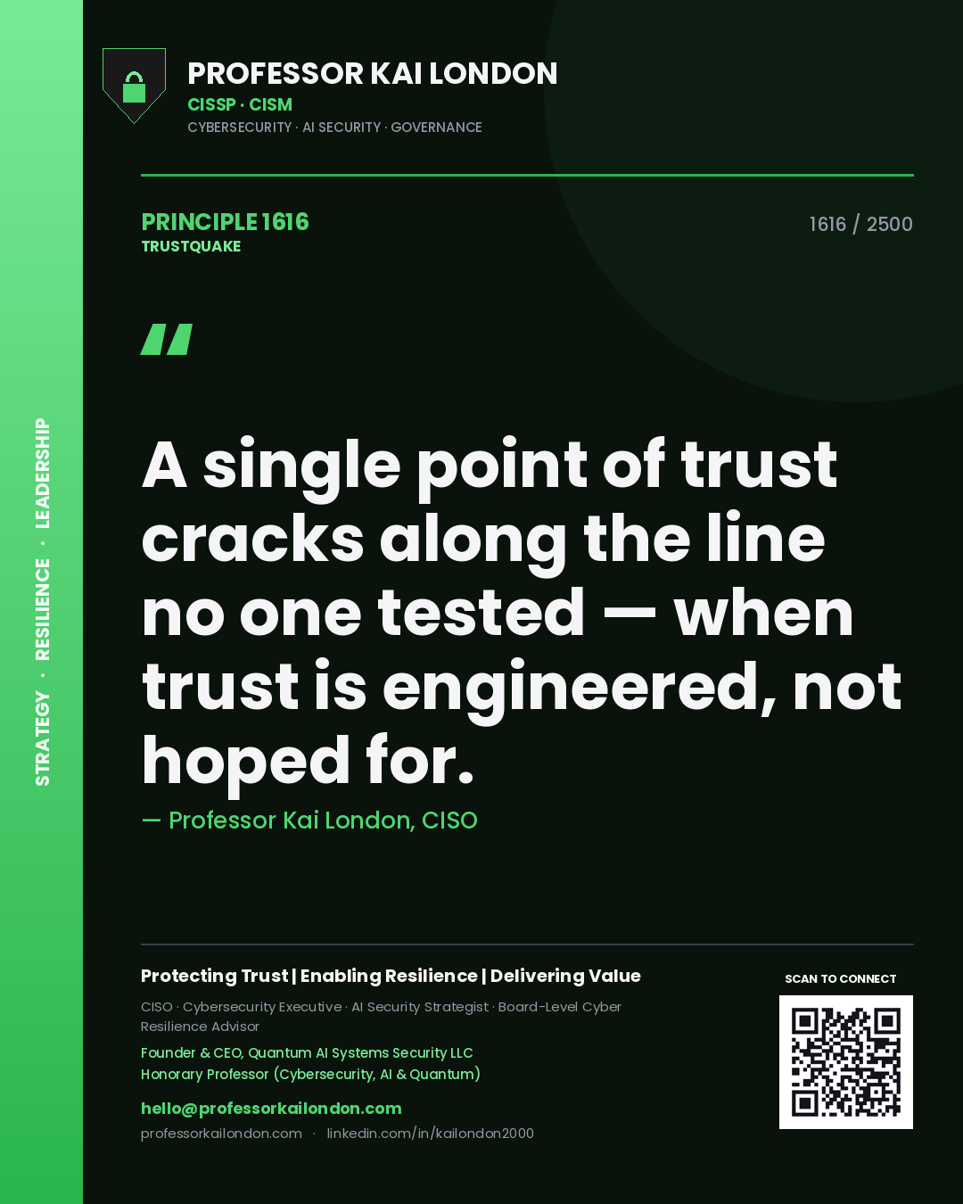 Quote card by Professor Kai London reading 'A single point of trust cracks along the line no one tested — when trust is engineered, not hoped for.'. From the book Trustquake.