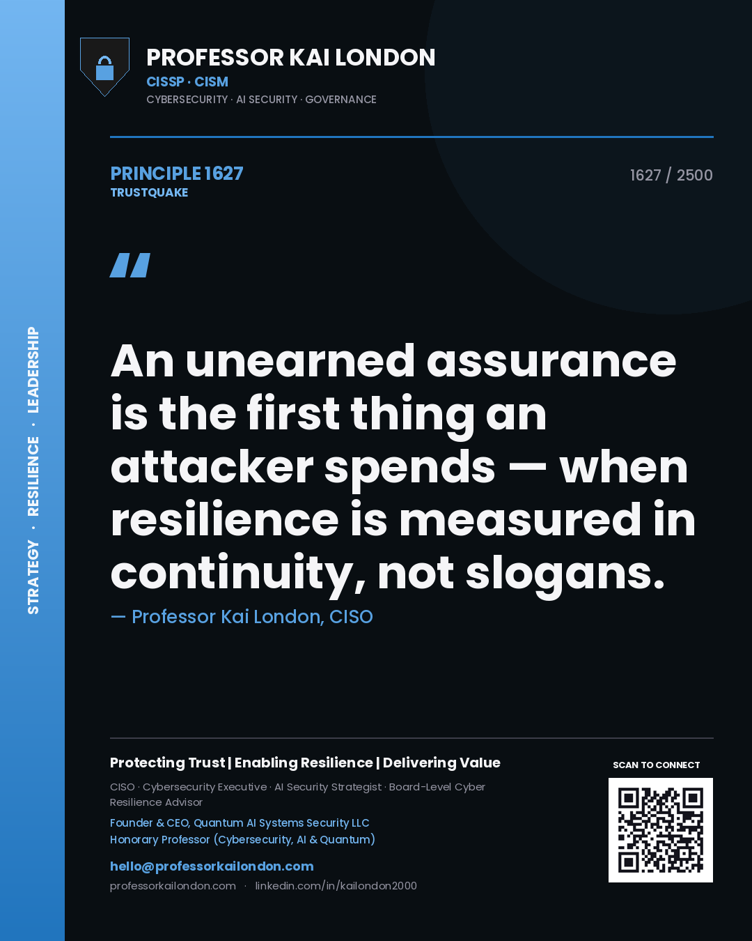 Quote card by Professor Kai London reading 'An unearned assurance is the first thing an attacker spends — when resilience is measured in continuity, not slogans.'. From the book Trustquake.