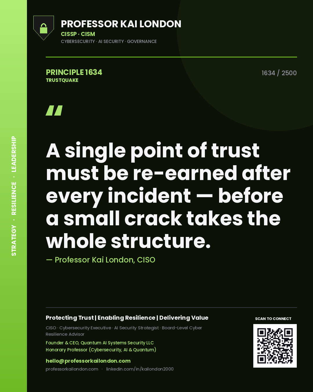 Professor Kai London principle 1634: A single point of trust must be re-earned after every incident — before a small crack takes the whole structure.