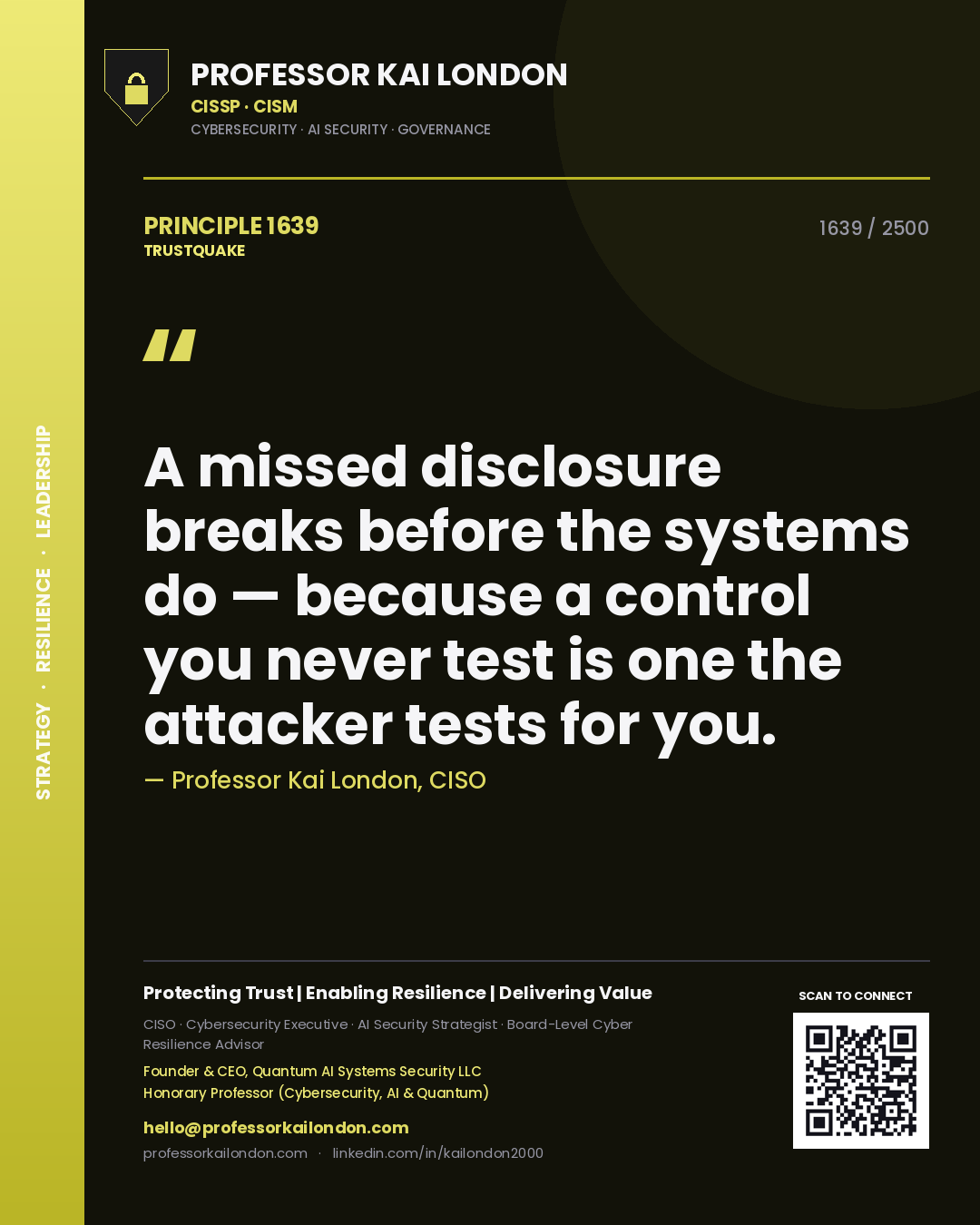 Professor Kai London principle 1639: A missed disclosure breaks before the systems do — because a control you never test is one the attacker tests for you.