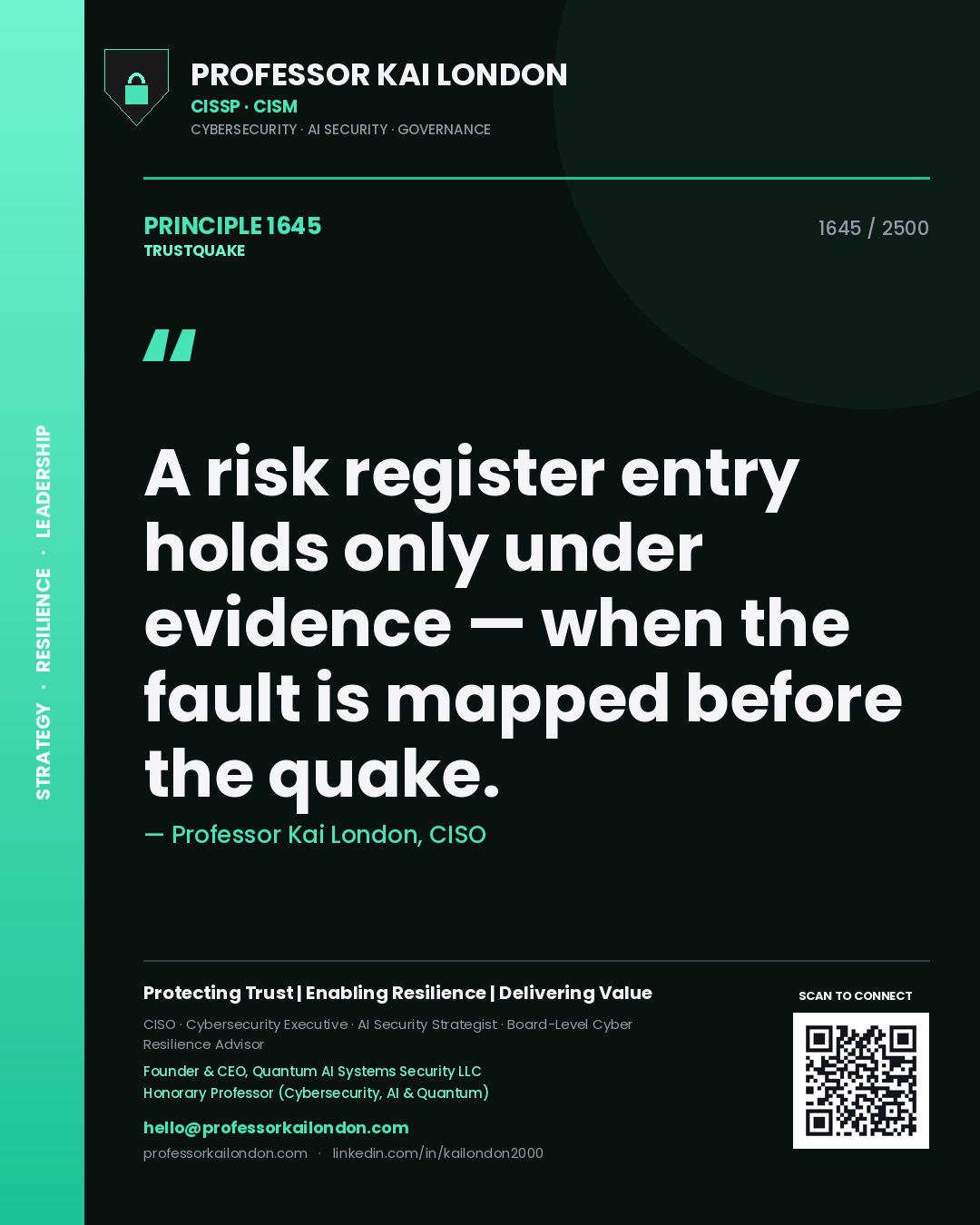 Quote card by Professor Kai London reading 'A risk register entry holds only under evidence — when the fault is mapped before the quake.'. From the book Trustquake.