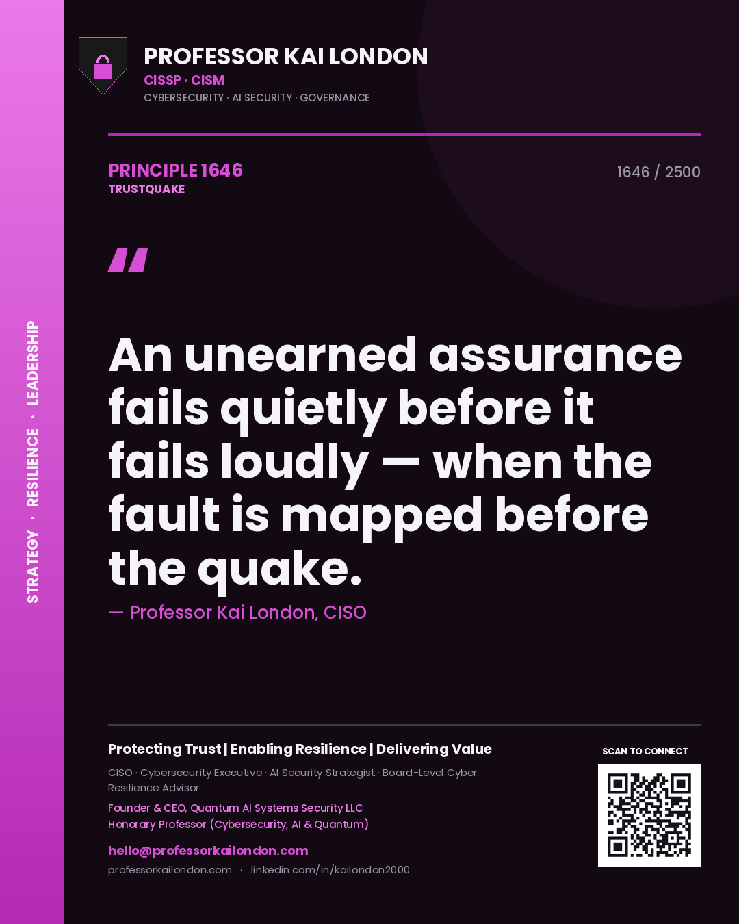 Quote card by Professor Kai London reading 'An unearned assurance fails quietly before it fails loudly — when the fault is mapped before the quake.'. From the book Trustquake.