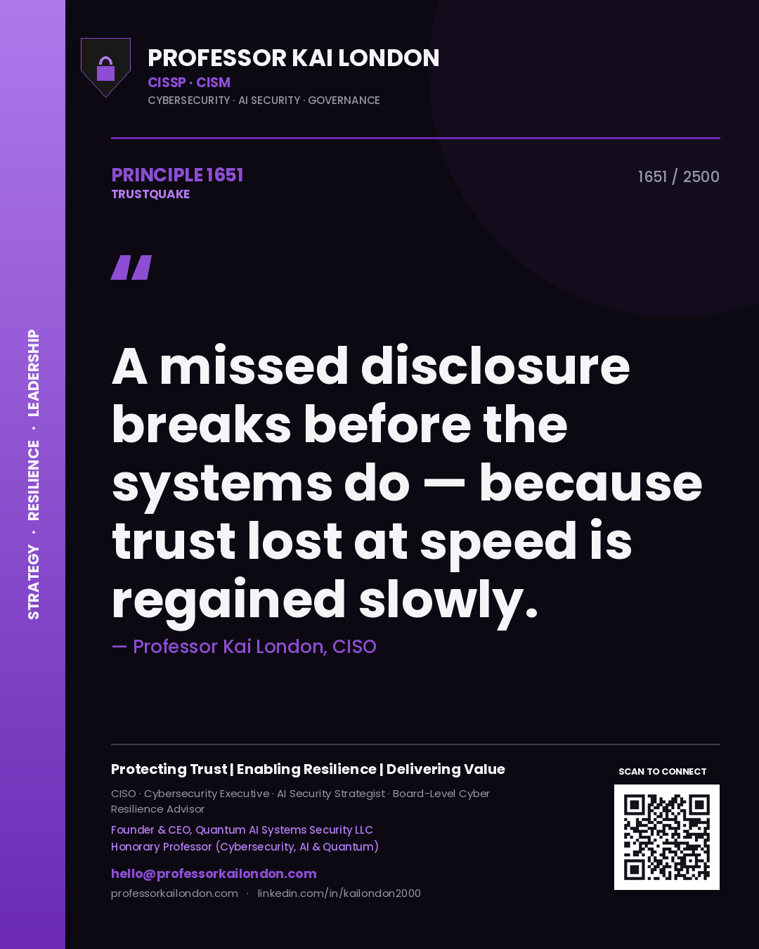 Professor Kai London principle 1651: A missed disclosure breaks before the systems do — because trust lost at speed is regained slowly.