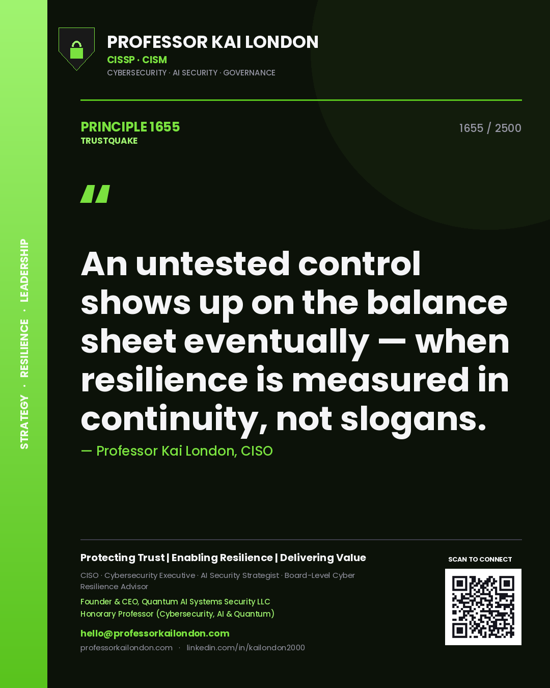 Professor Kai London principle 1655: An untested control shows up on the balance sheet eventually — when resilience is measured in continuity, not slogans.