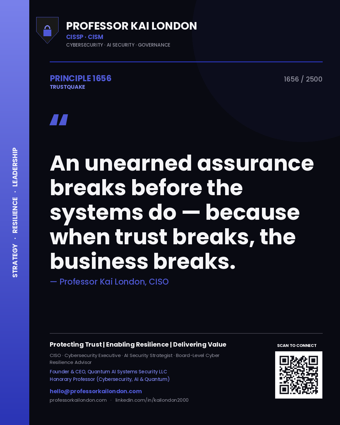 Quote card by Professor Kai London reading 'An unearned assurance breaks before the systems do — because when trust breaks, the business breaks.'. From the book Trustquake.