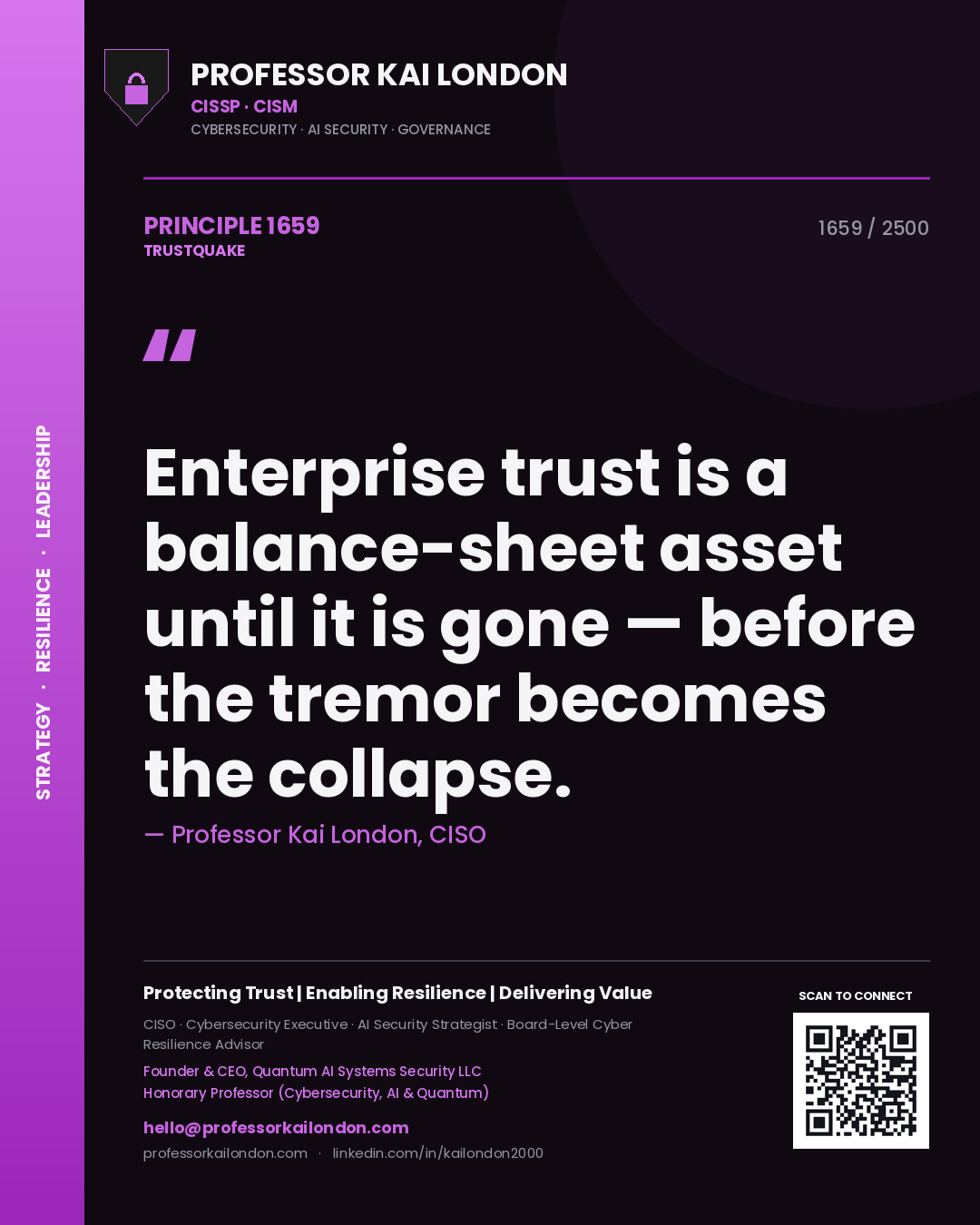 Quote card by Professor Kai London reading 'Enterprise trust is a balance-sheet asset until it is gone — before the tremor becomes the collapse.'. From the book Trustquake.