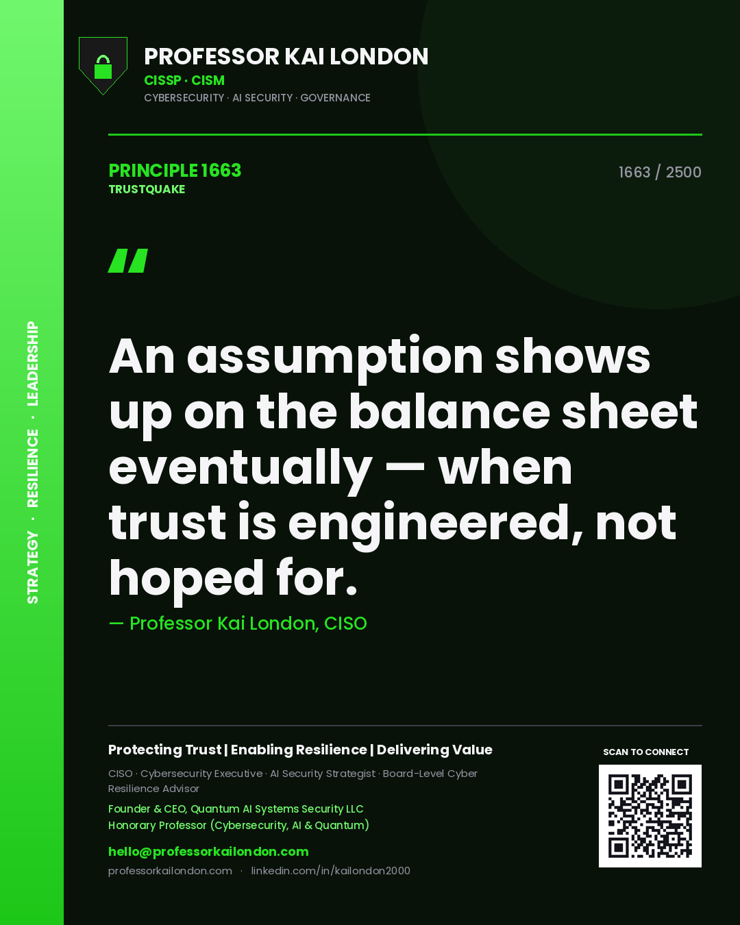 Professor Kai London principle 1663: An assumption shows up on the balance sheet eventually — when trust is engineered, not hoped for.