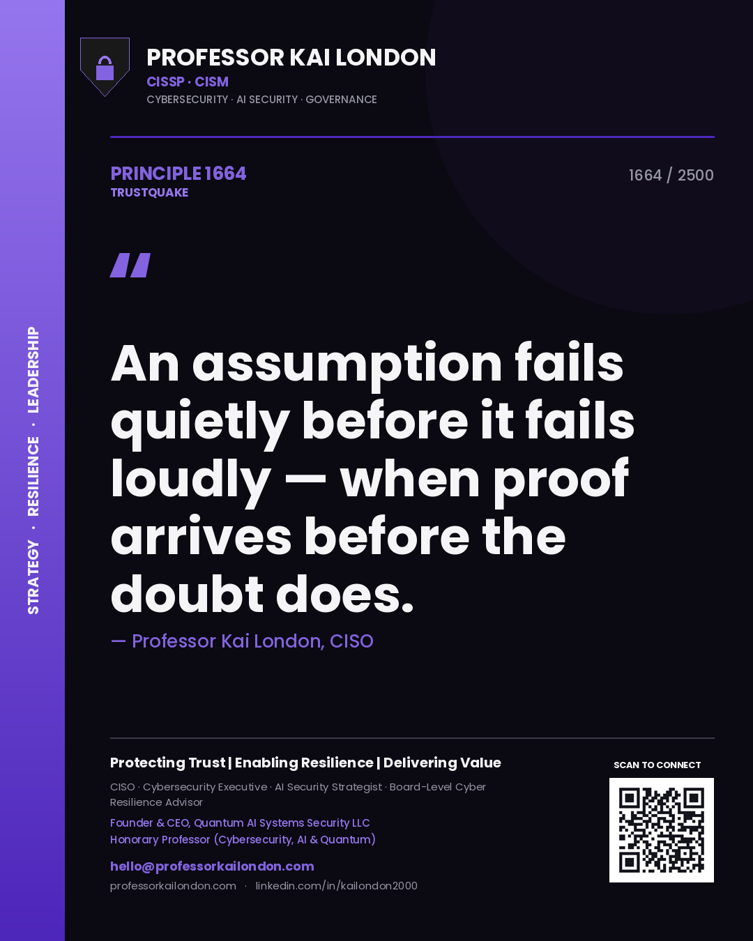 Quote card by Professor Kai London reading 'An assumption fails quietly before it fails loudly — when proof arrives before the doubt does.'. From the book Trustquake.