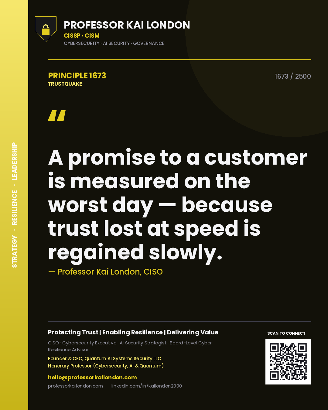 Professor Kai London principle 1673: A promise to a customer is measured on the worst day — because trust lost at speed is regained slowly.