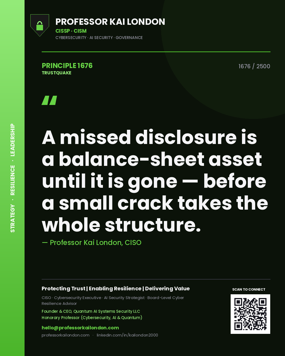 Quote card by Professor Kai London reading 'A missed disclosure is a balance-sheet asset until it is gone — before a small crack takes the whole structure.'. From the book Trustquake.