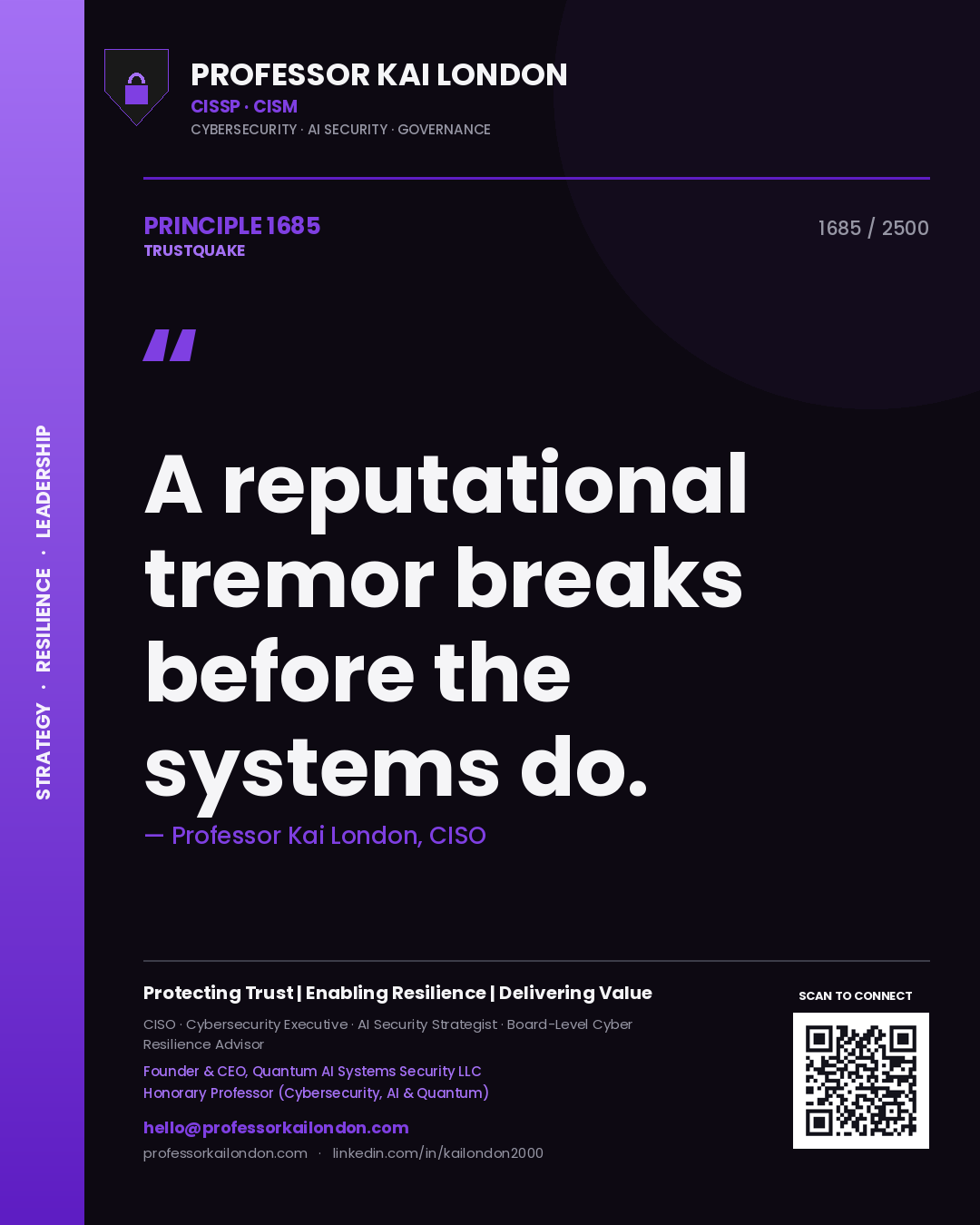 Quote card by Professor Kai London reading 'A reputational tremor breaks before the systems do.'. From the book Trustquake.
