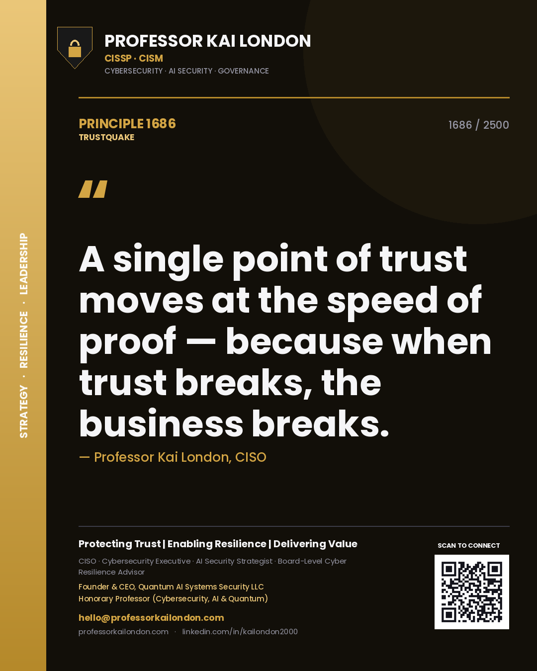 Quote card by Professor Kai London reading 'A single point of trust moves at the speed of proof — because when trust breaks, the business breaks.'. From the book Trustquake.