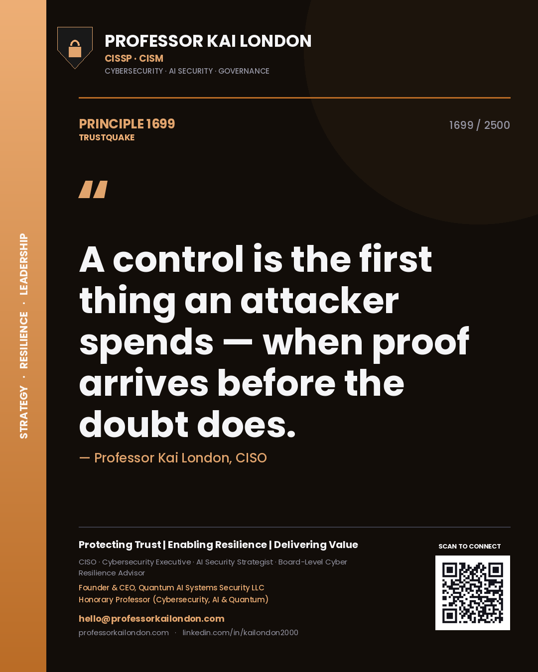 Quote card by Professor Kai London reading 'A control is the first thing an attacker spends — when proof arrives before the doubt does.'. From the book Trustquake.